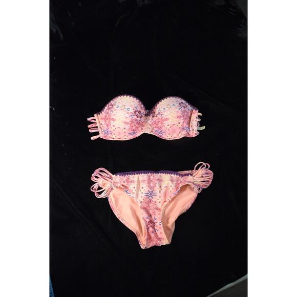 GB Pink Aztec Print Bandeau Bikini Swimsuit Side Skimpy Straps Crochet Edge Sz M - Picture 2 of 8